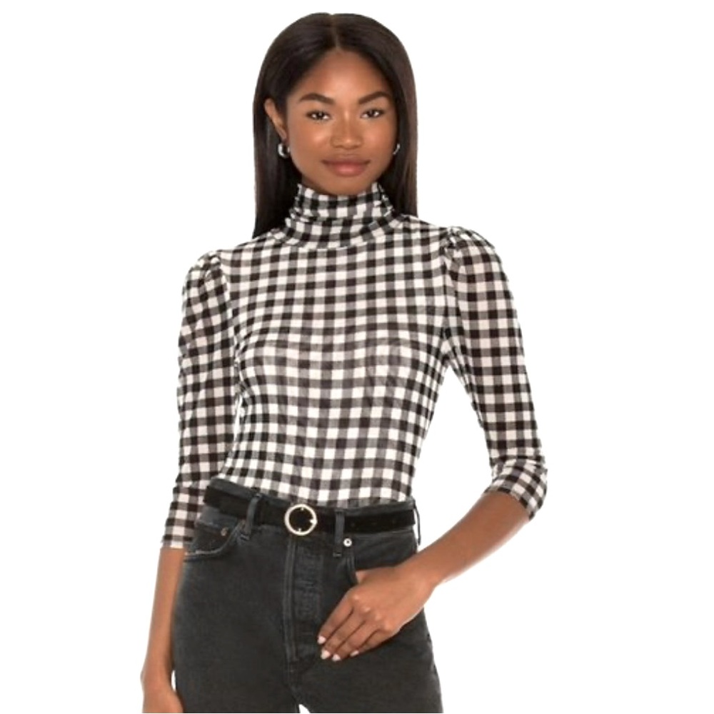 Free People Gather Tee Black White Gingham Turtleneck Tee S